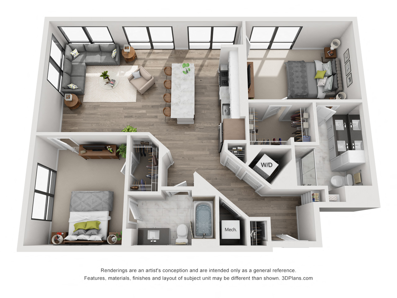 Floor plan for 2 beds, 2 baths, 1277 sqft